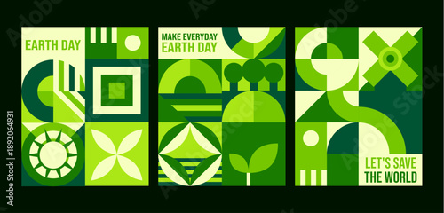 Earth day posters with geometric Bauhaus pattern. Nature protection vector banner, saving nature flyer. Clean environment and ecology, Earth day holiday poster with abstract, graphic Bauhaus shapes
