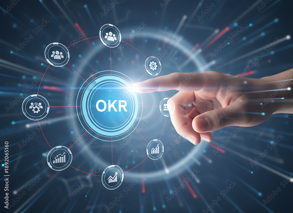 Obraz premium OKR Objectives and Key Results for Performance Management, projection on a virtual screen, Business and Technology Concept. Digital Business Strategy & Performance
