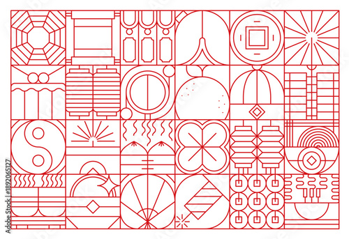 Chinese Lunar New Year geometric pattern. Elegant vector lineart design featuring tea cup, coin, firework, noodle, lanterns, scroll, food. Red pattern for backgrounds, postcards, or holiday covers