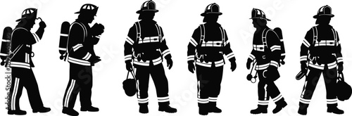 Firefighter silhouettes, emergency response team walking in protective gear, fire brigade rescue professionals, safety uniform vector illustration isolated on background