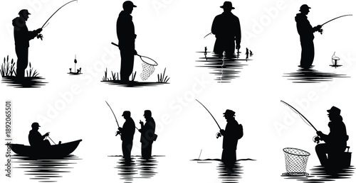 Fishing silhouettes set featuring anglers casting lines from shore and boats, minimalist black vector illustration for outdoor sport, leisure, nature, and fishing concept use