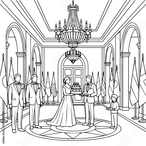 A black and white line drawing of a wedding ceremony taking place in a luxurious interior with a chandelier and guards