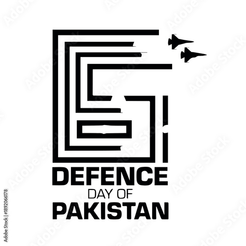 A black and white vector graphic illustration of a maze with two fighter jets and the text Defence Day of Pakistan for a national holiday icon or logo