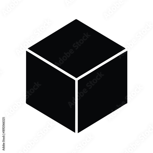 Simple black and white graphic icon representing a three dimensional cube