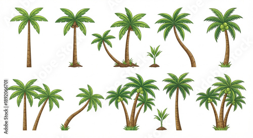 Collection of Various Palm Trees in Different Sizes and Styles, Illustrating Tropical Vegetation
