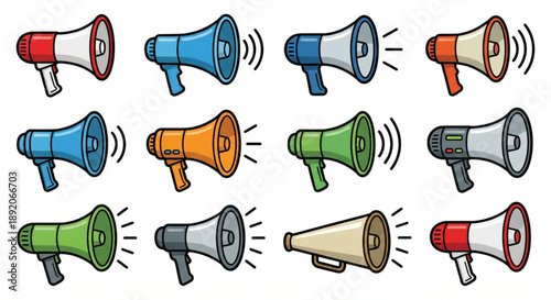 Diverse vector collection of colorful cartoon megaphones, broadcasting sound waves, symbolizing communication, announcements, and grabbing public attention
