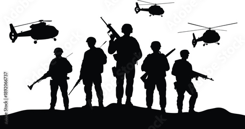 Military soldiers and helicopters silhouettes, armed troops on battlefield, tactical combat scene isolated on white background, defense security patriotic concept