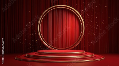 Luxurious Crimson Stage with Golden Accents and Elegant Circular Frame Backdrop Lighting Creates a Theatrical Ambiance on Plush Red Carpeting for Grand Presentation