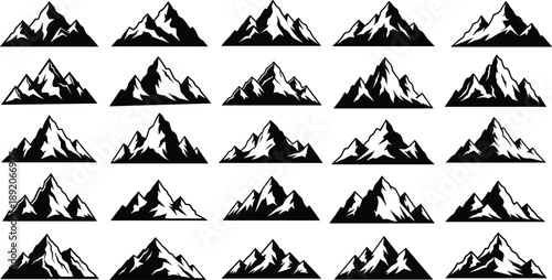Mountain silhouettes set, black and white alpine peaks collection, nature landscape icons, adventure outdoor vector illustration pack high quality design