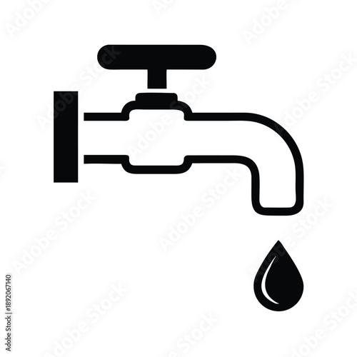 Simple black and white icon of a leaking water faucet dripping fluid