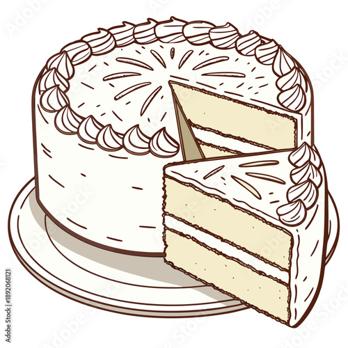 Hand drawn vanilla layer cake with one delicious slice removed