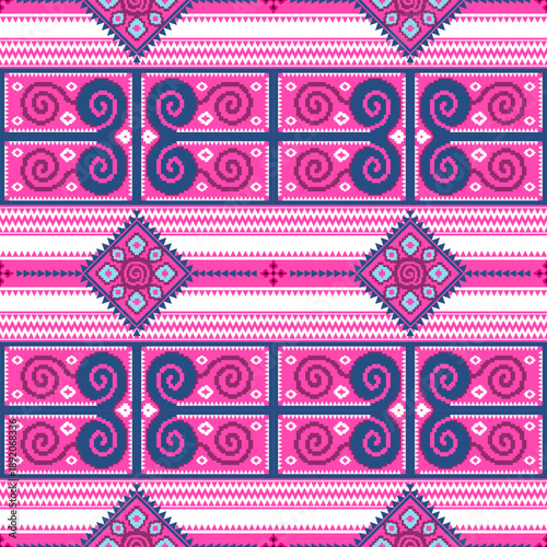 Ethnic ikat Pink and blue dye yarns weaving seamless pattern. Vector hand drawn craftsmanship embroidery bohemian, abstract square, triangle geographic art fabric ikat textile material design 