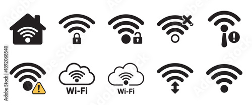 A diverse set of wi-fi icons and symbols illustrating network connection status and issues