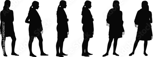 Silhouettes of women standing in different casual poses, expressing fashion, lifestyle, attitude, character, body language, emotion and modern feminine behavior for creative design concepts