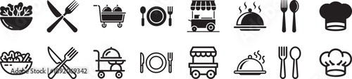 Black and white vector icons representing food, kitchen utensils, and restaurant service concepts