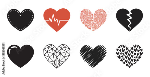 A diverse collection of eight heart icons and symbols representing various emotions and concepts