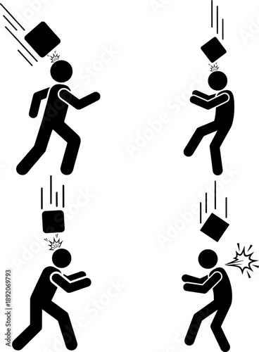 Set of People Hit by Falling Objects Accident Silhouette Icons