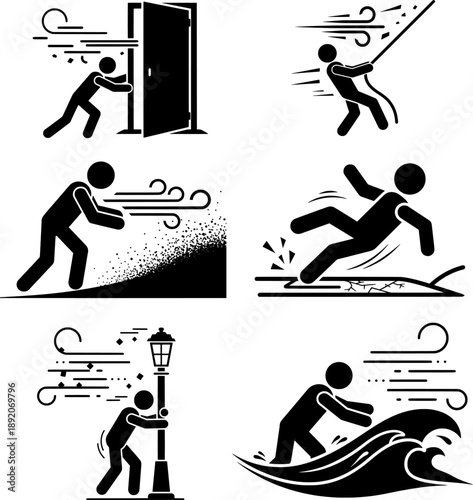 Set of People Struggling in Strong Wind and Natural Disaster Silhouette Icons