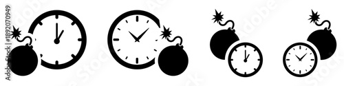 Set deadline clock and bomb icon vector for urgency themes. Symbolizes time limits, pressure, and countdowns. Ideal for project management apps and danger warnings.