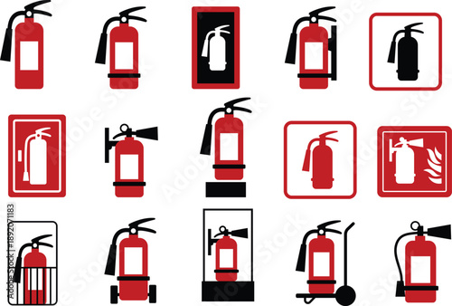 A versatile set of fire extinguisher safety icons, thoughtfully designed to represent crucial emergency preparedness equipment and protection tools for various environments