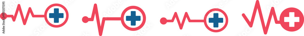 Obraz premium Medical Heartbeat Pulse Line with Cross Icons Set for Cardiology, Emergency Healthcare, and Vital Signs Monitoring Vector.
