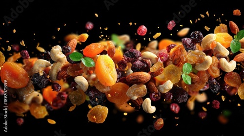 Flying nuts and dried fruits on transparent