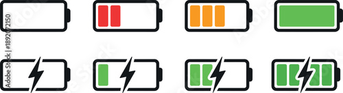 Battery Charge Level and Charging Icons Set for Power Status