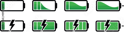 Battery Charging Level Icons Set with Lightning Bolt Power Symbols
