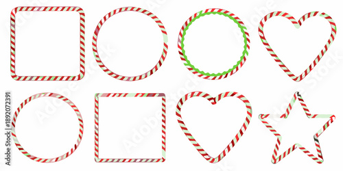 Candy cane shapes squares circles hearts and stars on white