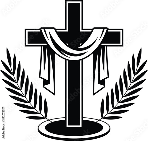 Black and white vector illustration of Christian cross with draped cloth and palm branches for Easter and Good Friday religious concepts.