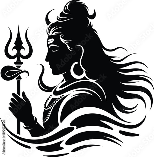 Black silhouette vector illustration of Hindu God Lord Shiva with trident and crescent moon for Maha Shivratri festival religious designs.