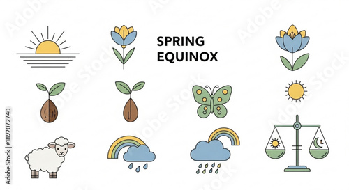 Spring Equinox Symbols with Floral Elements and Weather Icons