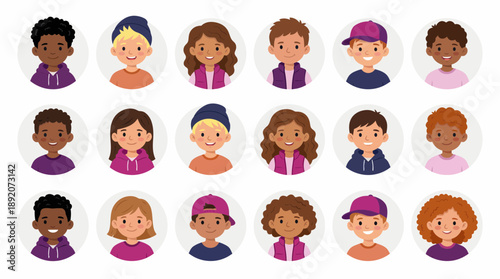 Detailed vector collection of fifteen smiling diverse children avatar portraits in circular frames, concept for e-learning platforms, user interfaces and digital identity
