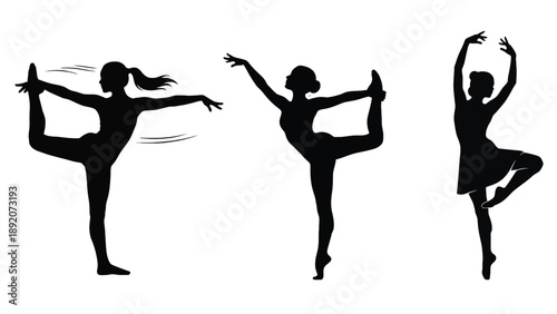 Set of professional female dancer silhouettes in yoga and contemporary dance poses for wellness studio and performing arts business branding identity.