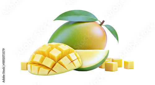 Whole, Sliced, and Cubed Mango with Leaf