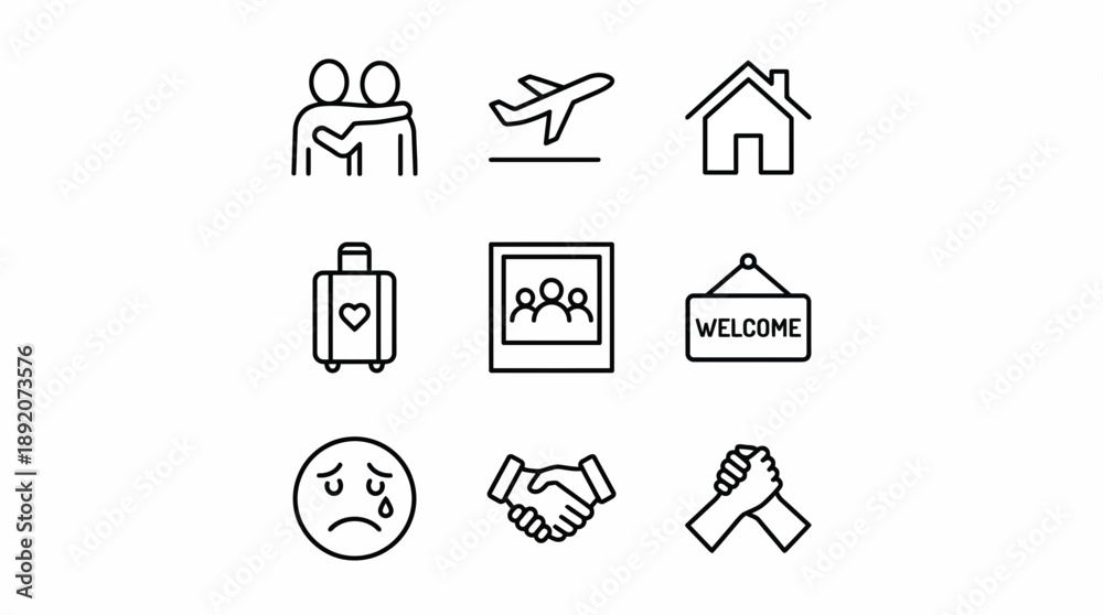 Fototapeta premium Minimalist line icons illustrating concepts like hugging, travel, house, agreement and sadness, concept for social media illustration, web design and mobile application interface