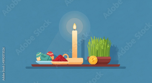 Candle with Traditional Persian Nowruz Items on Blue Background