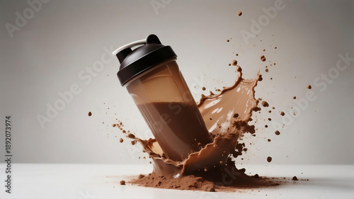 Chocolate protein shake splash from shaker, gym nutrition drink