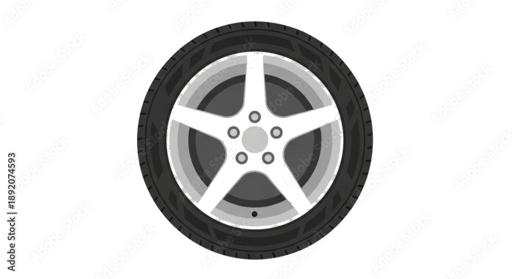 Obraz premium Car wheel with five-spoke rim, black and white illustration isolated on white, automotive tire, vector graphic