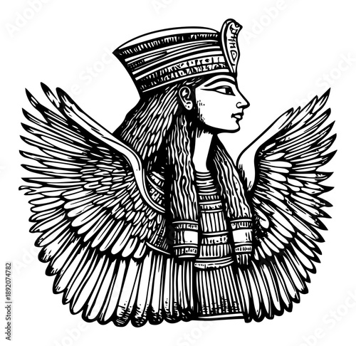 Ancient Egyptian winged goddess figure in vintage woodcut and engraving style