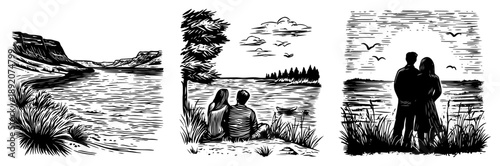 Romantic couples looking at nature landscapes with lakes and rivers in sketch style