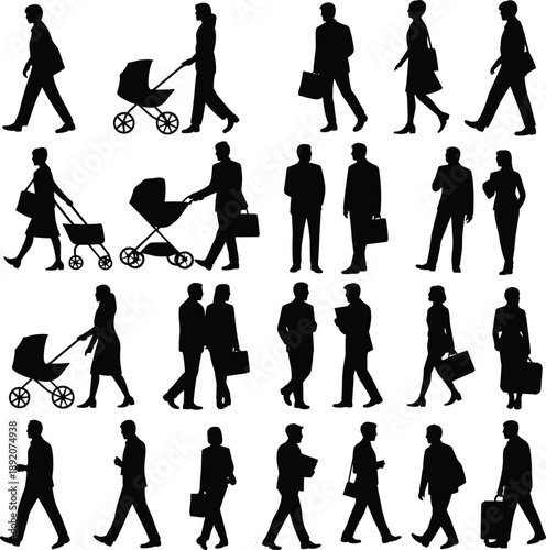 Walking people silhouette icon set, standing figures, baby stroller poses, casual and professional attire, daily activity vector illustration designWalking people silhouette 