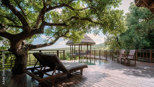 Fotografie Relaxing escape in a luxurious lodge overlooking nature in Kruger National Park,