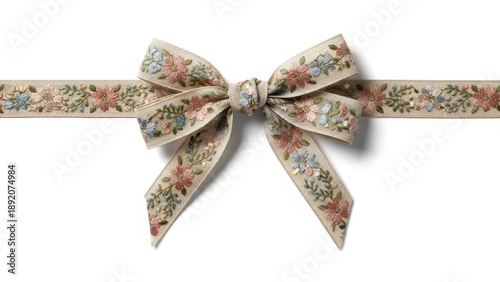 Vintage floral embroidered ribbon bow, elegant linen fabric gift wrap decoration, rustic textile bow with pastel flower pattern on white background
