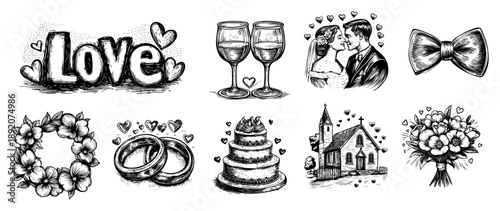 Wedding themed illustrations including bride and groom church cake and champagne glasses