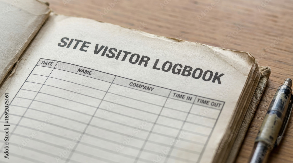 Obraz premium Site Visitor Logbook Page with Pen on Desk