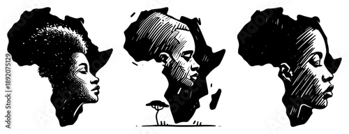 African map silhouette with human profiles illustrating black culture and roots in sketch style