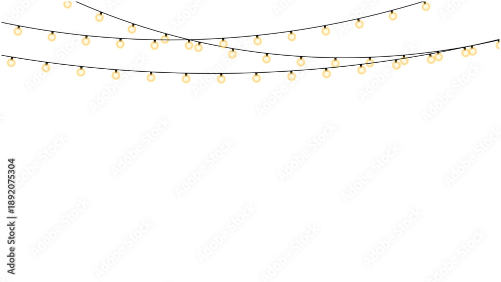 Obraz premium Light bulbs garland. Isolated holiday decoration, lamps frame. For Christmas, Ramadan, Al-Adha and Eid banners, wedding or birthday cards. Transparent background can be removed