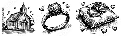 Romantic wedding symbols showing church and diamond rings in vintage sketch style