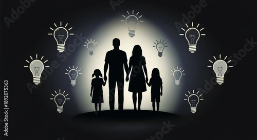 Family Standing Together under Bright Light Bulbs Symbolizing Ideas and Innovation